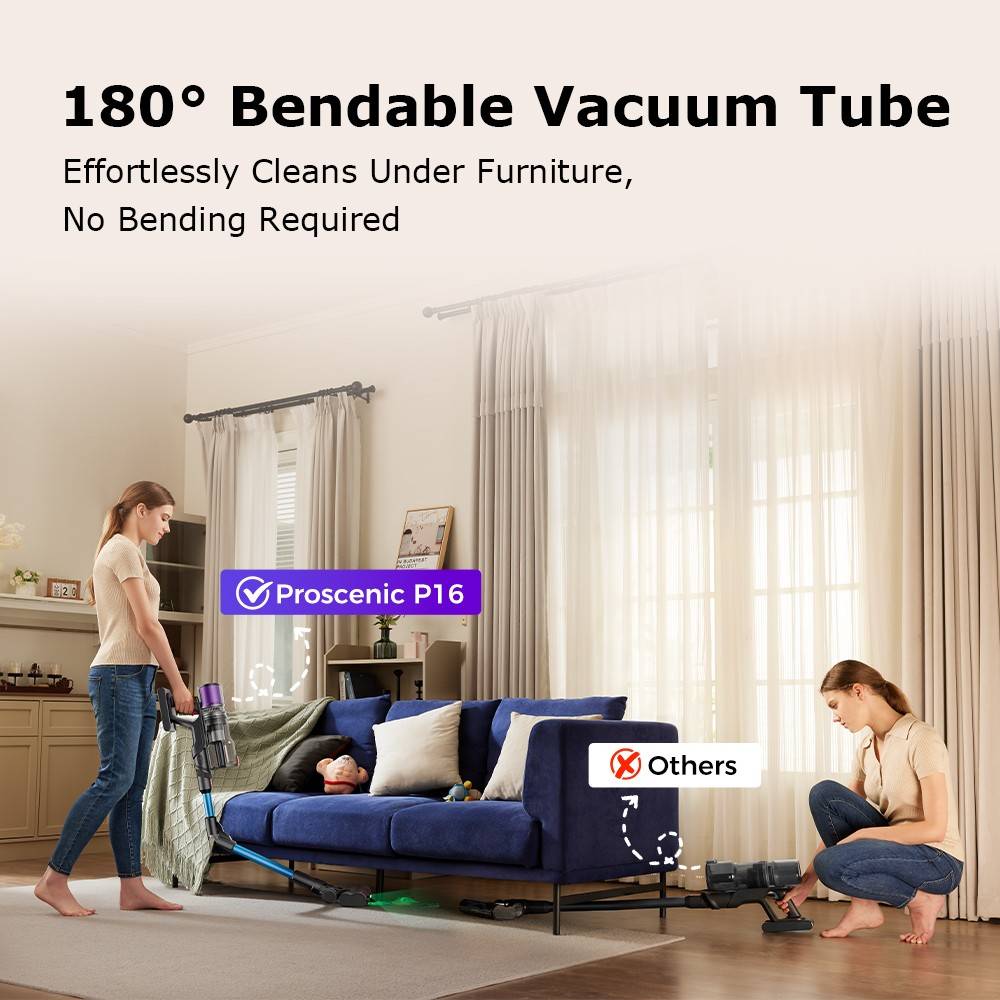 Proscenic P16 Flexible Battery Vacuum Cleaner, 550 W/45 Kpa, 55 Mins Vacuum Cleaner, Wireless with Touchscreen Folding Tube, Green Light, Wall-Mounted Charging Station, Anti-Tangle for Carpet, Hard