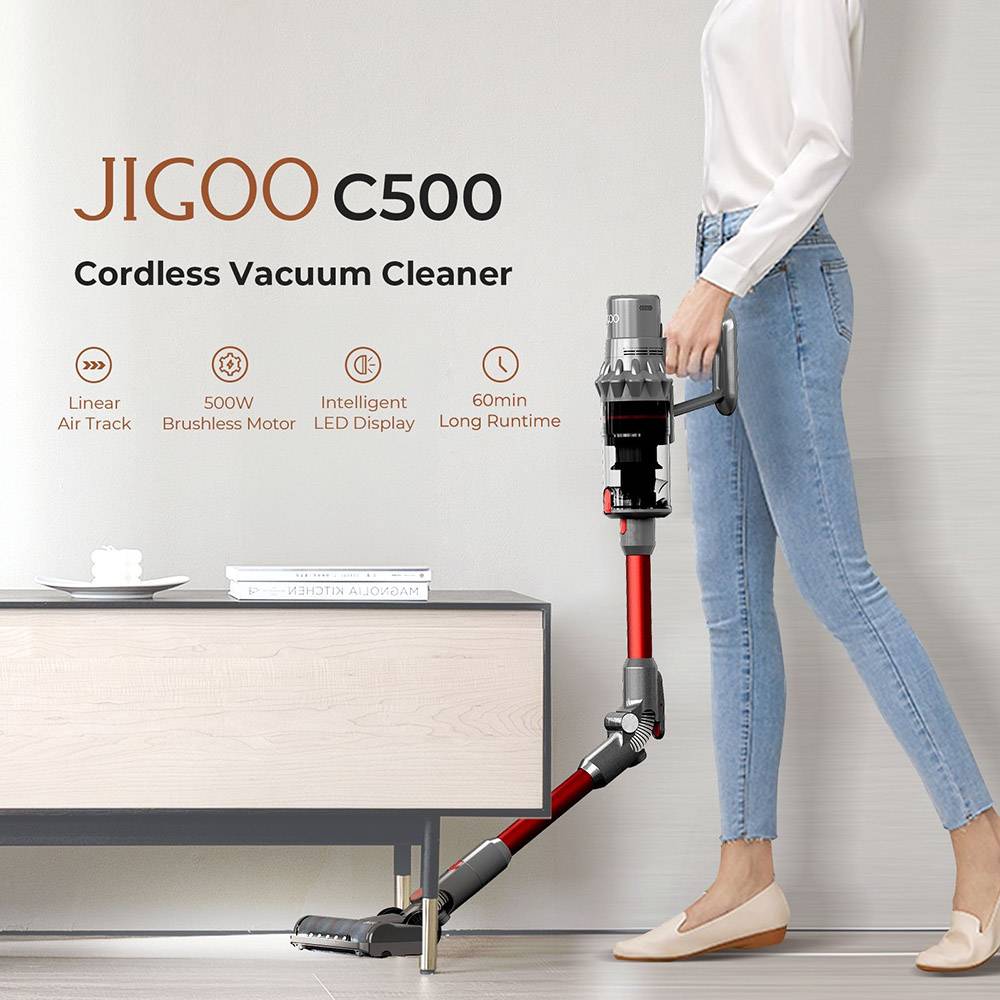 JIGOO C500 Cordless Vacuum Cleaner, 33KPa Suction, 500W Motor, Smart Dust Sensor, 1.2L Dust Cup, Up to 60 Mins Runtime, 2200mAh Removable Battery, LED Touch Screen, Rotatable Metal Tube