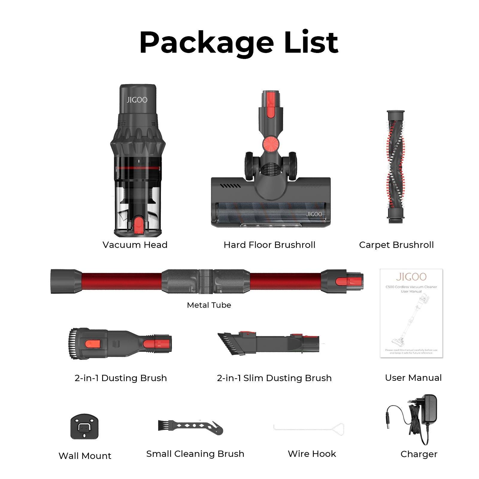 JIGOO C500 Cordless Vacuum Cleaner, 33KPa Suction, 500W Motor, Smart Dust Sensor, 1.2L Dust Cup, Up to 60 Mins Runtime, 2200mAh Removable Battery, LED Touch Screen, Rotatable Metal Tube