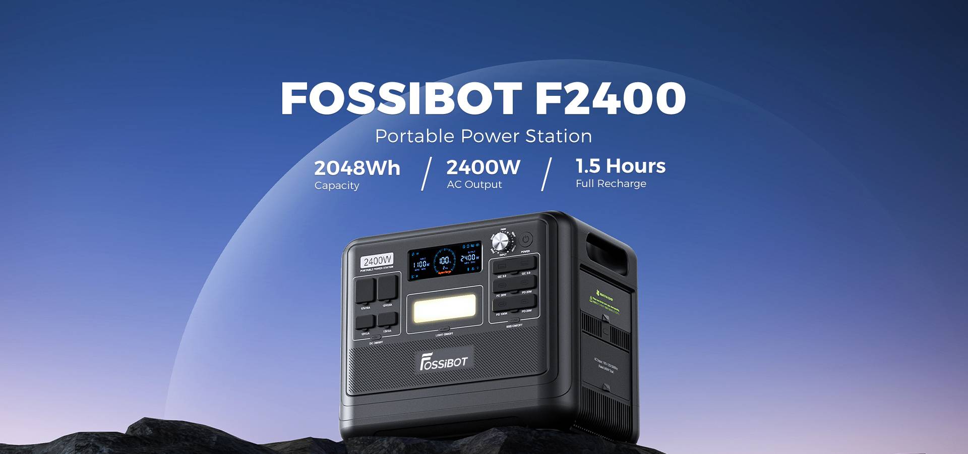 FOSSiBOT F2400 Portable Power Station, 2048Wh/640000mAh LiFePO4 Battery, 2400W(4600W Peak) Solar Generator, 3xAC RV Car USB Type-C QC3.0 PD DC5521 Pure Sine Wave Full Outlets, 1.5 Hours Fast Charging, MPPT Charge Controller BMS - Black