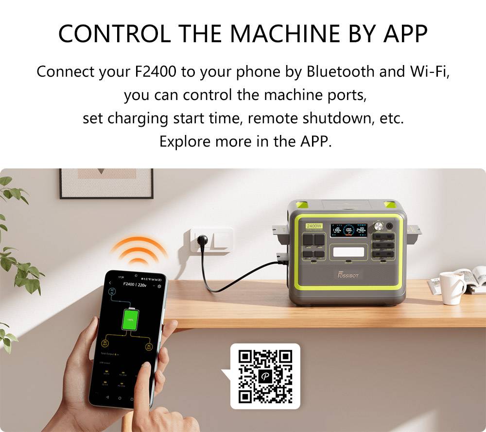 FOSSiBOT F2400 Portable Power Station, 2048Wh/640000mAh LiFePO4 Battery, 2400W(4600W Peak) Solar Generator, 3xAC RV Car USB Type-C QC3.0 PD DC5521 Pure Sine Wave Full Outlets, 1.5 Hours Fast Charging, MPPT Charge Controller BMS - Black