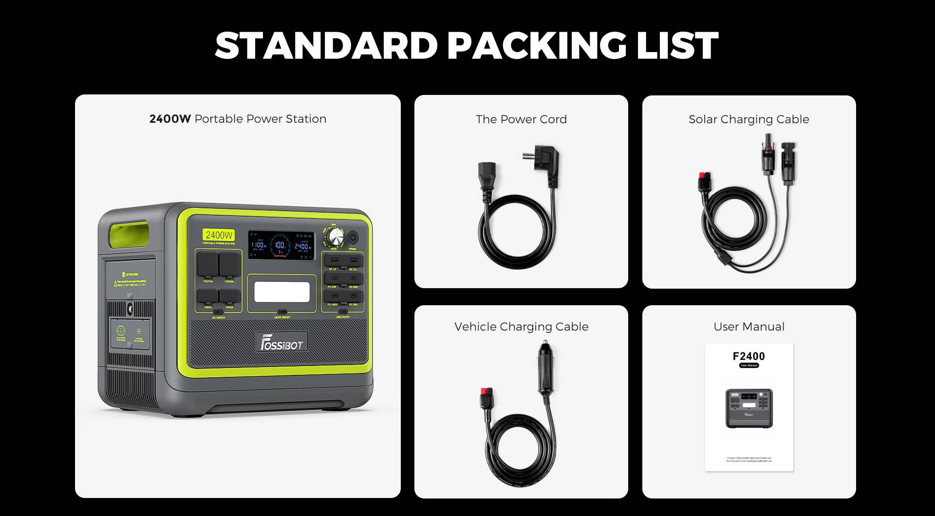 FOSSiBOT F2400 Portable Power Station, 2048Wh/640000mAh LiFePO4 Battery, 2400W(4600W Peak) Solar Generator, 3xAC RV Car USB Type-C QC3.0 PD DC5521 Pure Sine Wave Full Outlets, 1.5 Hours Fast Charging, MPPT Charge Controller BMS - Black