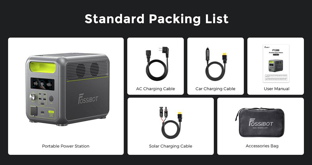 FOSSiBOT F1200 Portable Power Station, 1024Wh Capacity, 1200W Rated Power, 3 LED Light Modes, 7 Output Ports, BMS Protection, <10ms Switchover, 5 Gears Input Regulator, EV-Grade LiFePO4 Battery, 4000+ Cycle Times