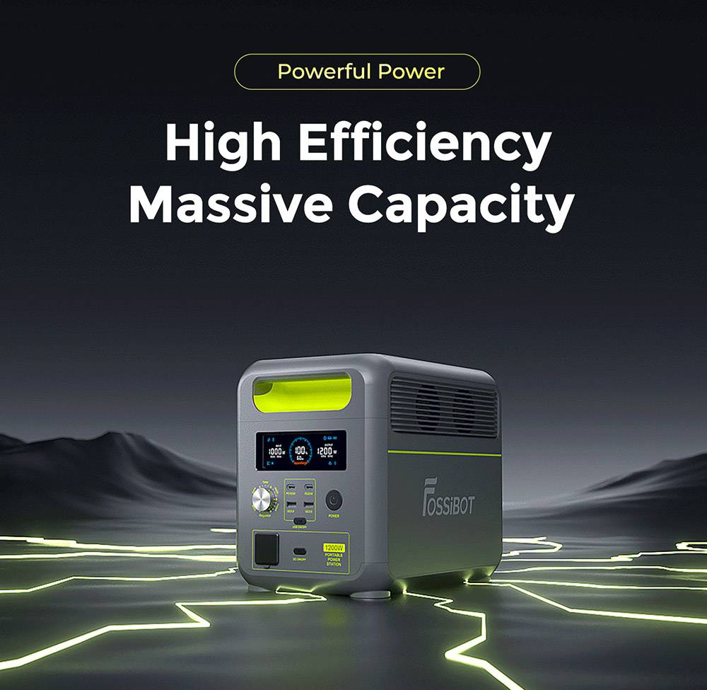 FOSSiBOT F1200 Portable Power Station, 1024Wh Capacity, 1200W Rated Power, 3 LED Light Modes, 7 Output Ports, BMS Protection, <10ms Switchover, 5 Gears Input Regulator, EV-Grade LiFePO4 Battery, 4000+ Cycle Times