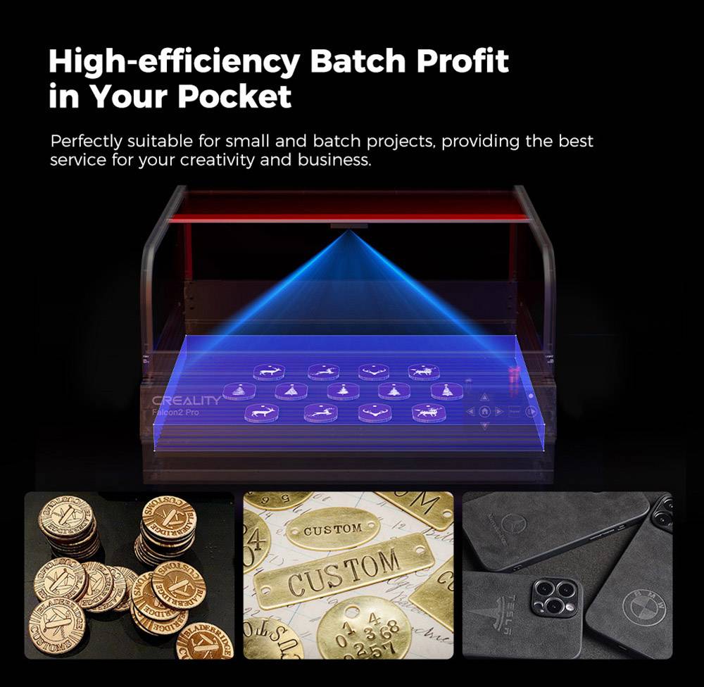 Creality Falcon2 Pro 40W Laser Engraver Cutter,  FDA Class1 Safety Certification, Smoke Exhaust, Integrated Air Assist, Built-in Camera, Fence Type Protection Strip, Fire / Airflow / Lens Monitoring, 400*415mm