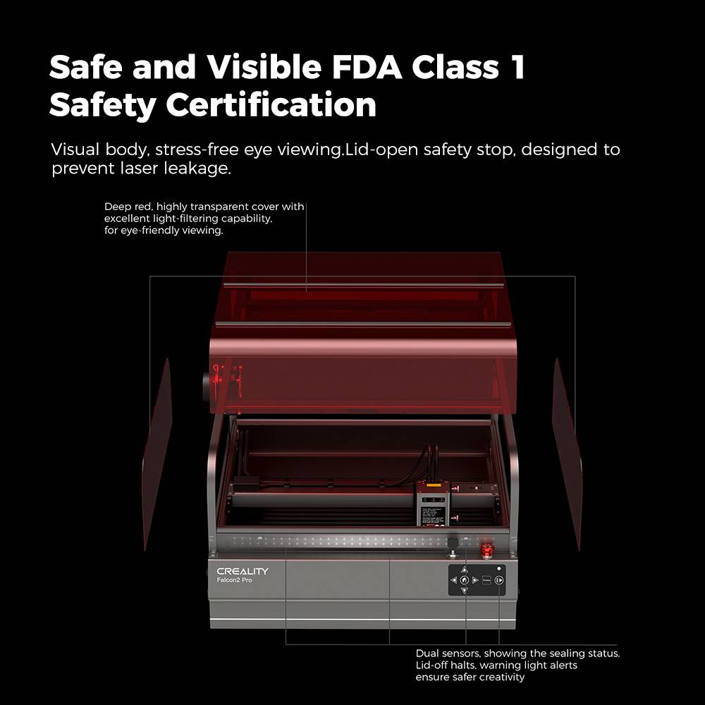 Creality Falcon2 Pro 40W Laser Engraver Cutter,  FDA Class1 Safety Certification, Smoke Exhaust, Integrated Air Assist, Built-in Camera, Fence Type Protection Strip, Fire / Airflow / Lens Monitoring, 400*415mm
