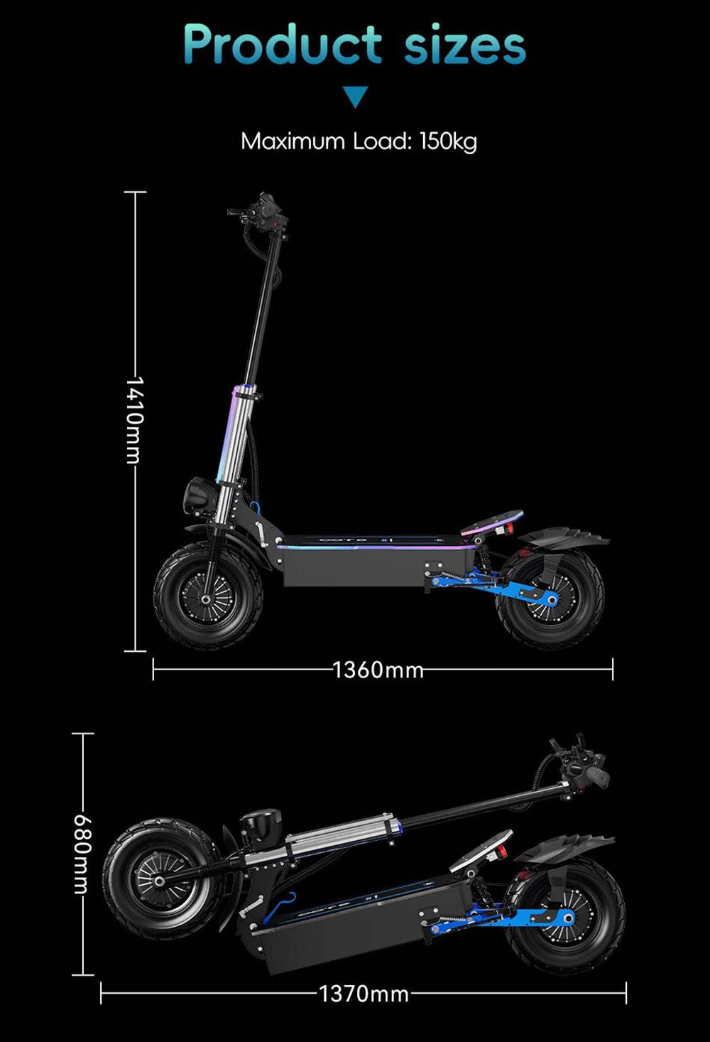 OOTD D99 Off-Road Electric Scooter 13 Inch Tires 3000W*2 Dual Motors 85Km/h Max Speed 60V 40Ah Battery Max 120KM Range 150KG Max Load Dual Shock Absorption with Turn Signal Lights Front & Rear Hydraulic Brake Oil Brake APP - Black