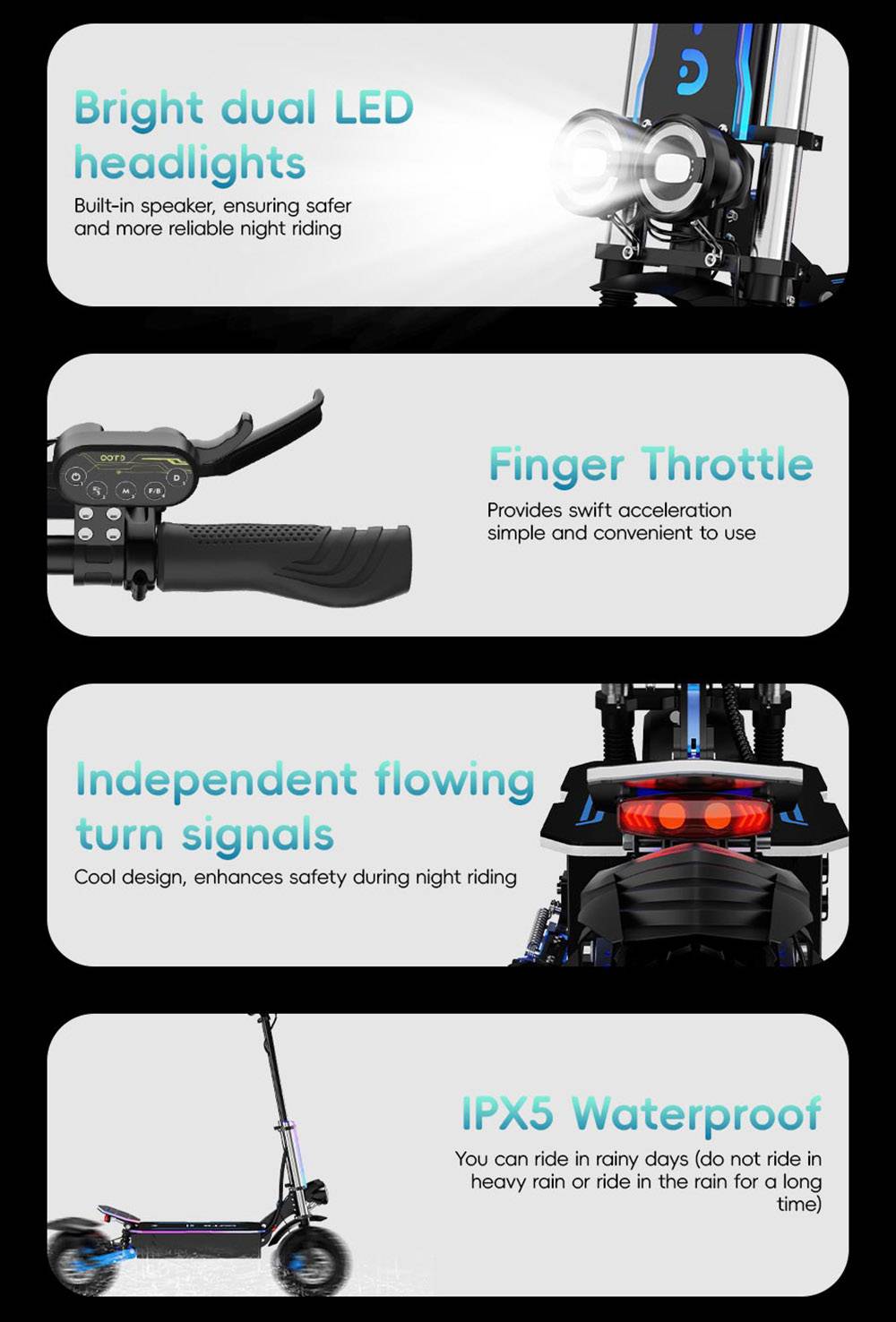 OOTD D99 Off-Road Electric Scooter 13 Inch Tires 3000W*2 Dual Motors 85Km/h Max Speed 60V 40Ah Battery Max 120KM Range 150KG Max Load Dual Shock Absorption with Turn Signal Lights Front & Rear Hydraulic Brake Oil Brake APP - Black