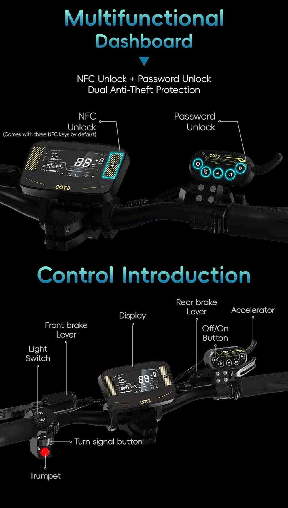 OOTD D99 Off-Road Electric Scooter 13 Inch Tires 3000W*2 Dual Motors 85Km/h Max Speed 60V 40Ah Battery Max 120KM Range 150KG Max Load Dual Shock Absorption with Turn Signal Lights Front & Rear Hydraulic Brake Oil Brake APP - Black