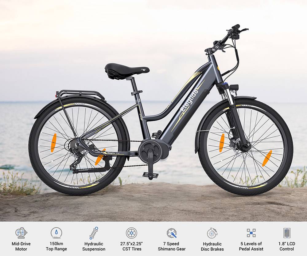 Eleglide C1 ST 27.5-inch Step-through Trekking Bike with 250W Ananda Mid-Drive Motor, 14.5Ah Battery, Max 150km Range, Hydraulic Suspension & Hydraulic Disc Brakes Shimano 7 Gears - Black