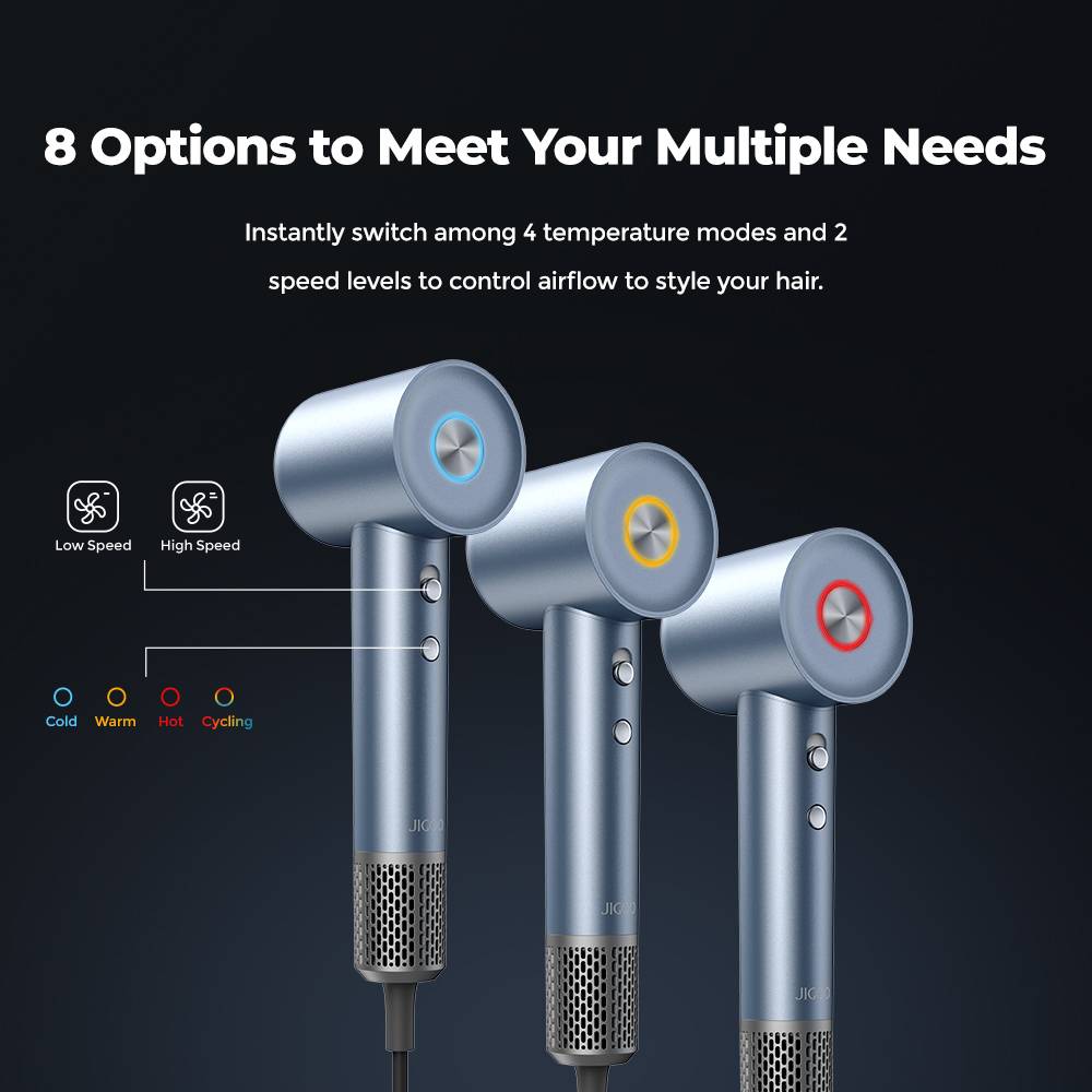 JIGOO H300 1600W High-Speed Hair Dryer, 200 Million Negative Ions, 2 Speed Levels, 110000rpm Brushless Motor, Low Noise, 3-Color Light Ring