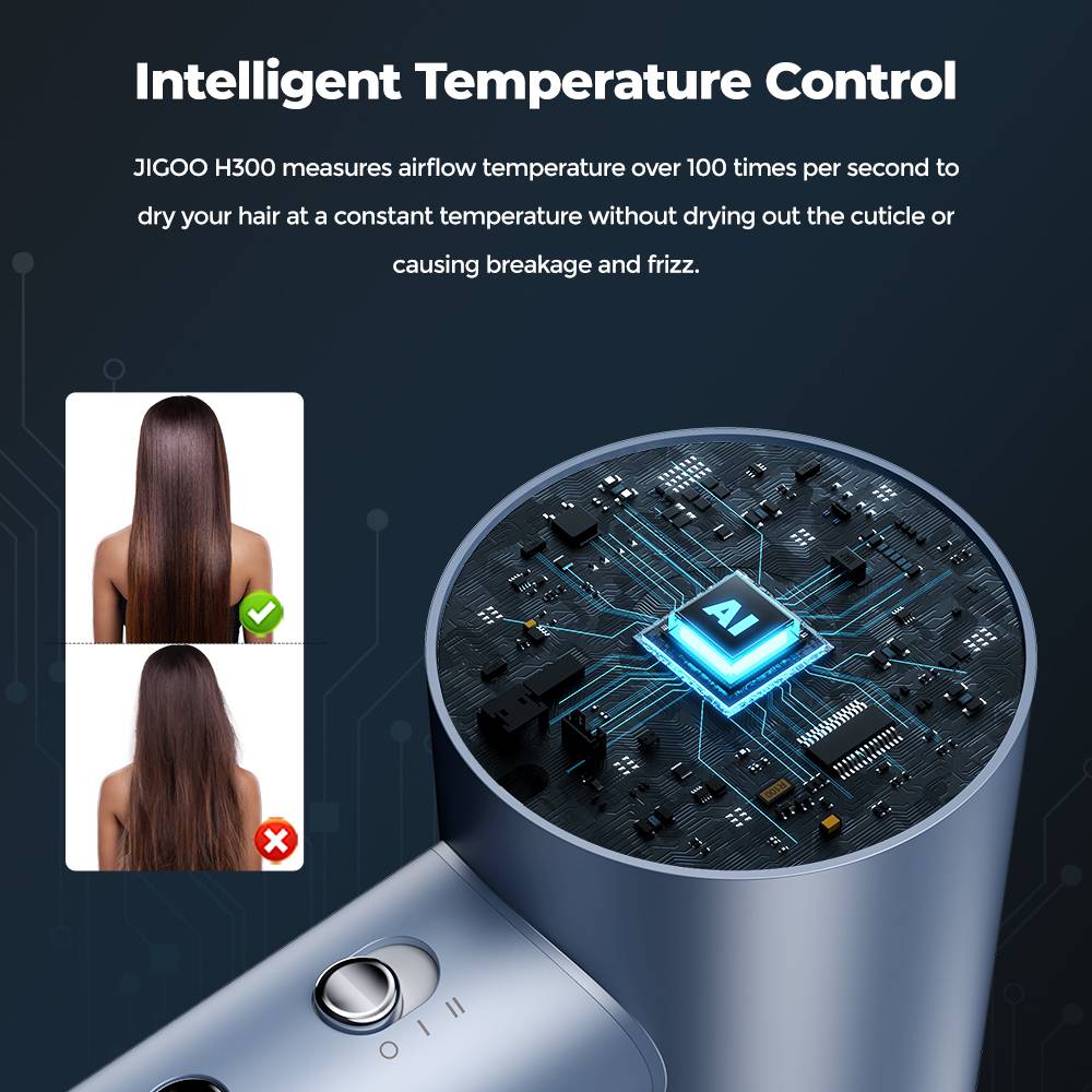 JIGOO H300 1600W High-Speed Hair Dryer, 200 Million Negative Ions, 2 Speed Levels, 110000rpm Brushless Motor, Low Noise, 3-Color Light Ring