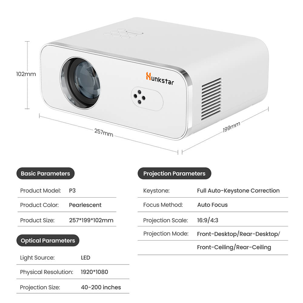 Hunkstar P3 1000 ANSI Android Projector, Native 1080P, 4K Decoding, HDR10, Auto-Keystone Correction & Auto Focus, Android 9.0, Bluetooth 5.0, WiFi 6, 2*5W Speakers