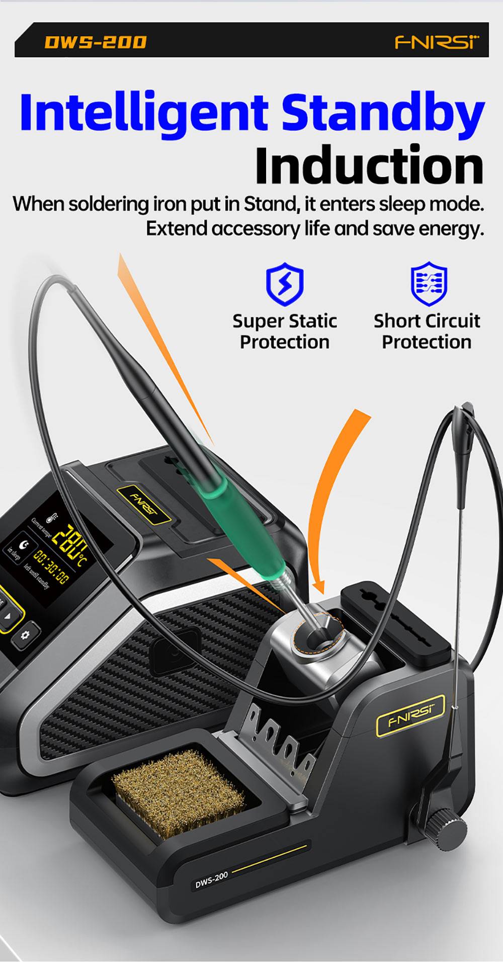 FNIRSI DWS-200 F210 Premium 200W Soldering Iron Station Kit, with 3 Iron Tips and 2 Helping Hands, Temp Value & Curve Mode, 3 Temperature Storage, Full-Color Display