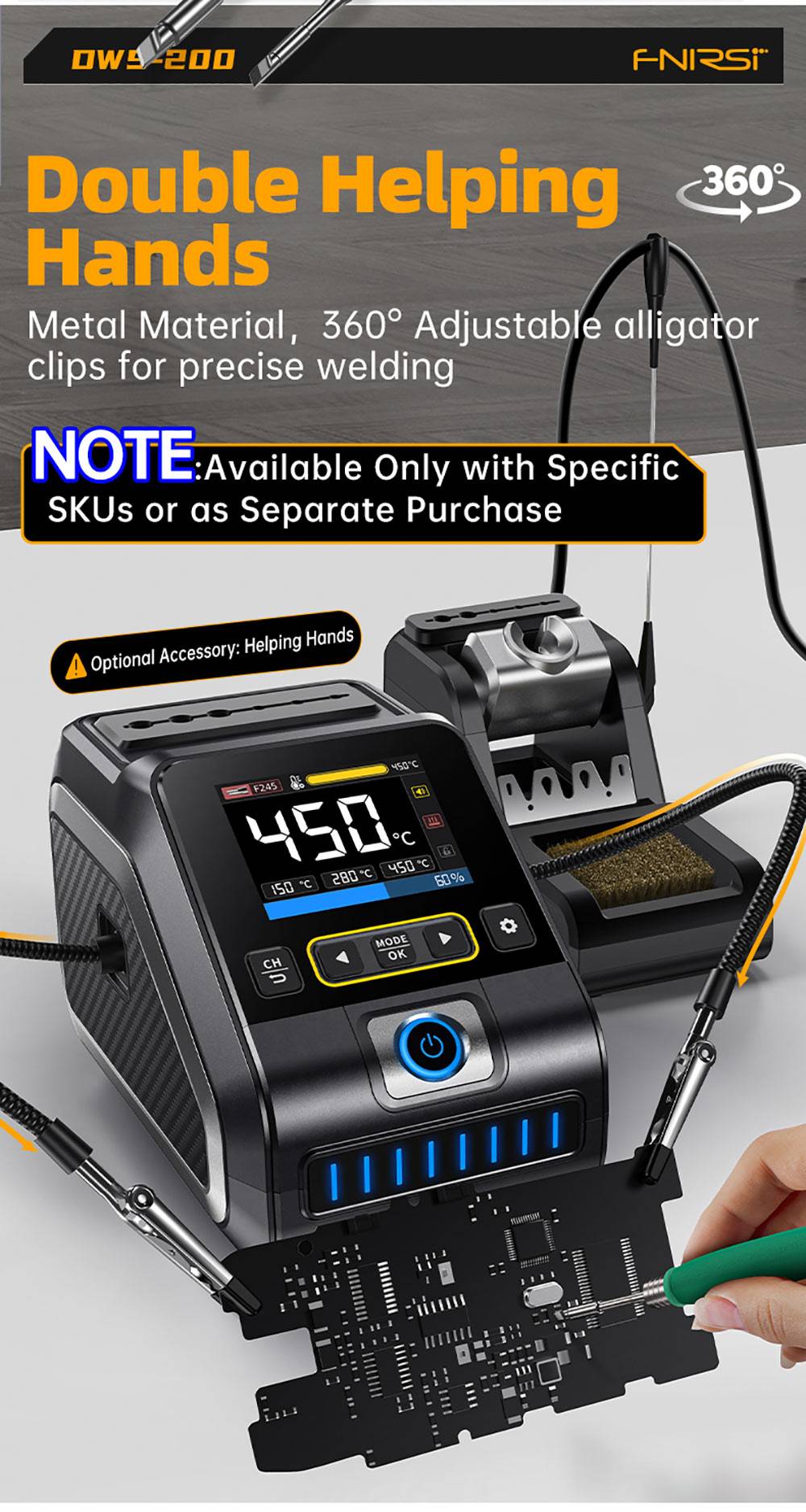 FNIRSI DWS-200 F210 Premium 200W Soldering Iron Station Kit, with 3 Iron Tips and 2 Helping Hands, Temp Value & Curve Mode, 3 Temperature Storage, Full-Color Display