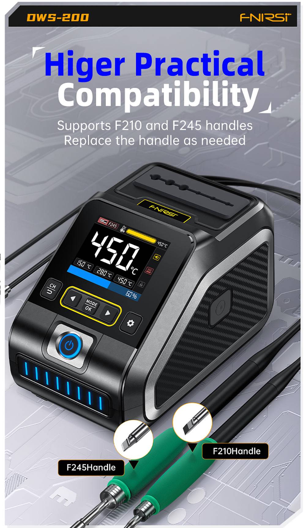 FNIRSI DWS-200 F210 Premium 200W Soldering Iron Station Kit, with 3 Iron Tips and 2 Helping Hands, Temp Value & Curve Mode, 3 Temperature Storage, Full-Color Display