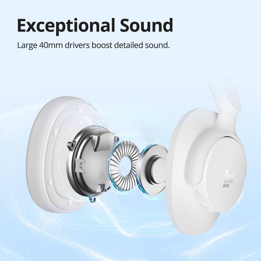 Tronsmart Sounfii Q20 ANC Bluetooth Headphones, 50 Hours Autonomy, 90° Swiveling Earpads, Pair with 2 Devices, Tronsmart App Control, Built-in Mic for Clear Calls, Active Noise Cancellation - White