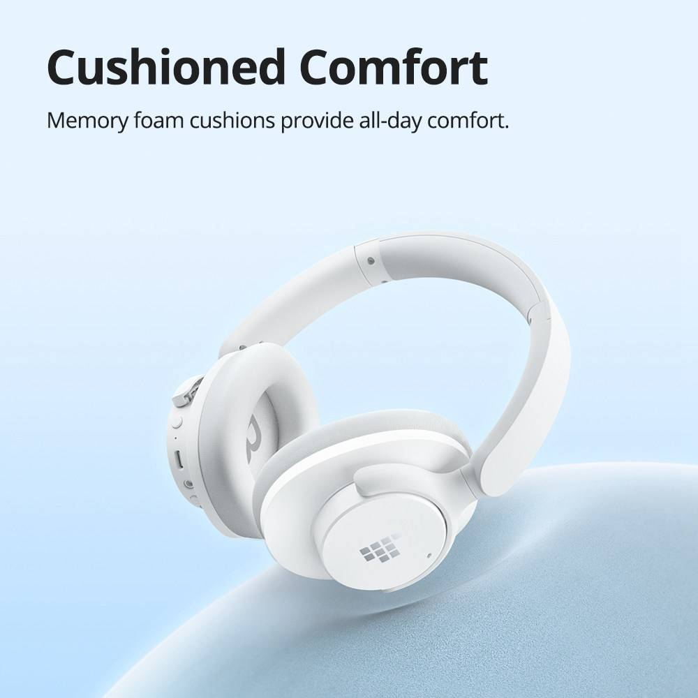 Tronsmart Sounfii Q20 ANC Bluetooth Headphones, 50 Hours Autonomy, 90° Swiveling Earpads, Pair with 2 Devices, Tronsmart App Control, Built-in Mic for Clear Calls, Active Noise Cancellation - White