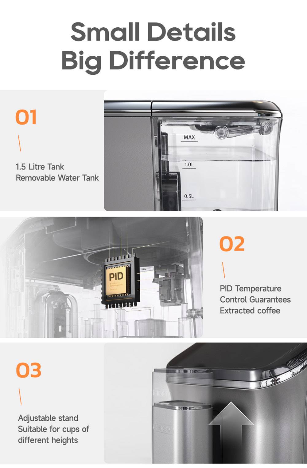 HiBREW H16 Automatic Espresso Machine with Grinder, 20Bar Extraction, 4.3inch Touch Screen, 1.5L Removable Milk Tank