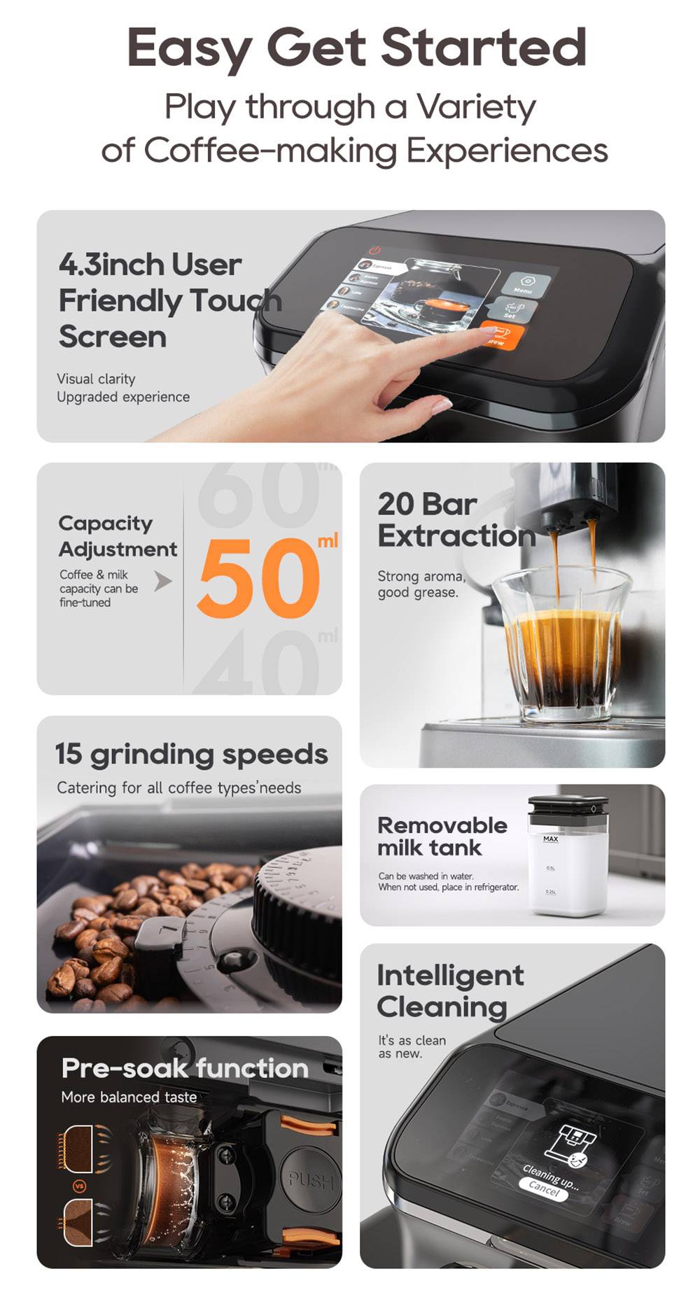 HiBREW H16 Automatic Espresso Machine with Grinder, 20Bar Extraction, 4.3inch Touch Screen, 1.5L Removable Milk Tank
