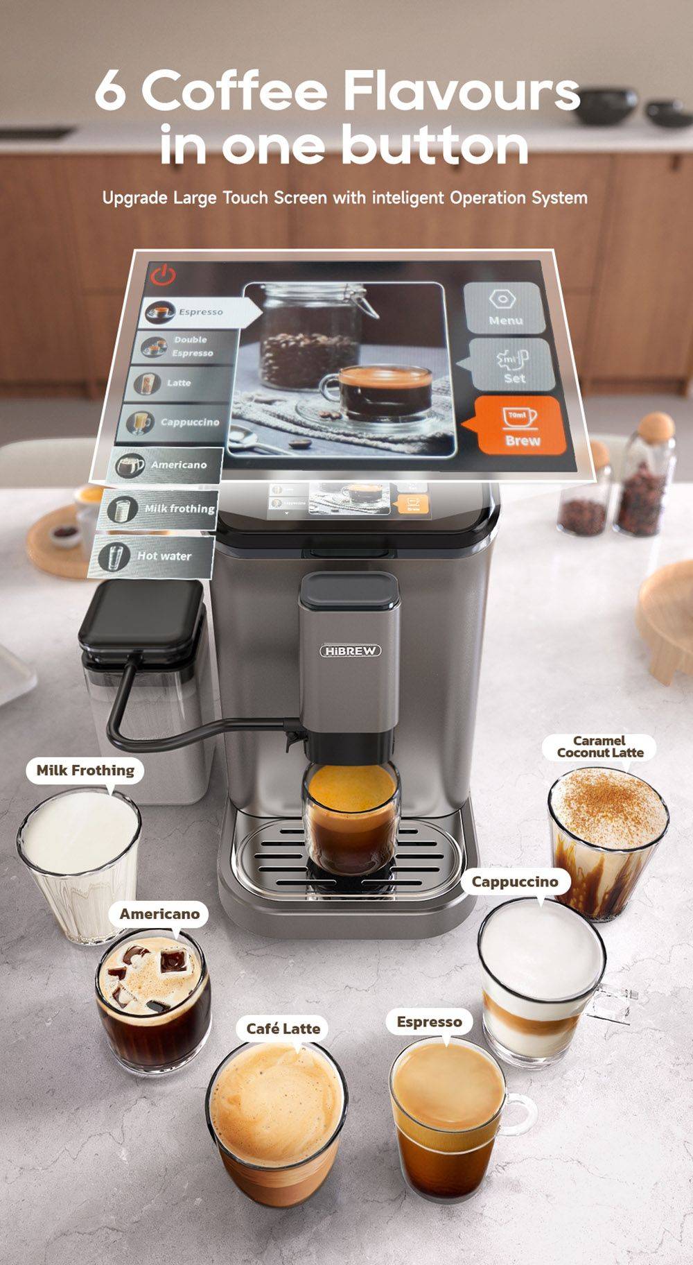 HiBREW H16 Automatic Espresso Machine with Grinder, 20Bar Extraction, 4.3inch Touch Screen, 1.5L Removable Milk Tank