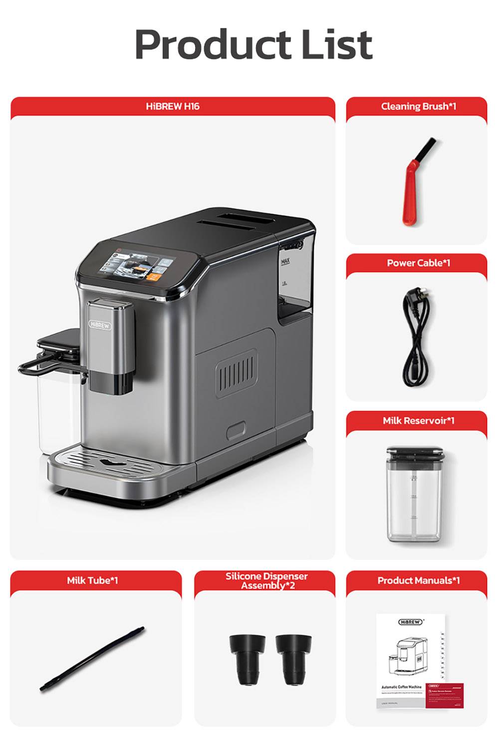 HiBREW H16 Automatic Espresso Machine with Grinder, 20Bar Extraction, 4.3inch Touch Screen, 1.5L Removable Milk Tank