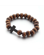Handmade Round Wood Bead Cross Pendant Bracelet