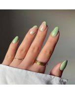 Instantly Upgrade Your Look with 24pcs Long Almond Green Solid Color Block Striped Fake Nail & 1sheet Tape & 1pc Nail File