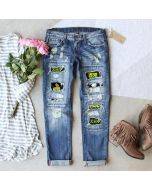 Fashion Retro Ripped Print Jeans