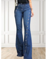 Fashion Plain Button Decor Flare Leg Long Denim Pants