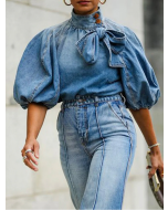 Fashion Plain Stand Collar Puff Sleeve Bow Decor Blouse