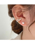 Elegant and luxurious pearl double-layer earrings with diamonds for ladies, specification: EH1292 pair S925 sterling silver black gold plated cute cat claw earrings