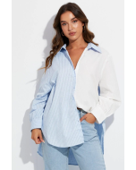 Blue Stripe Shirt Long Sleeve Collar Colour Block