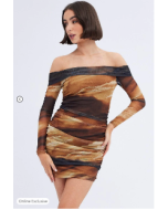 Brown Abstract Mini Dress Bardot Off Shoulder Bodycon Ruched
