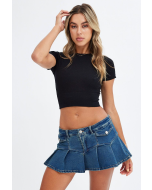 Denim Micro Mini Skirt Low Rise Pleated Cargo Lined