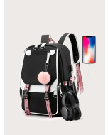 Fashionable Black and Pink Canvas USB School Bag for Girls