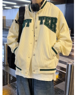 Striped Trim Corduroy Varsity Jacket with Men's Letter Graphics