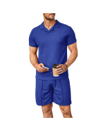 Summer waffle V-neck polo lapel shirt short-sleeved shorts men's sports casual fashion suit
