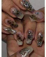 Halloween Themed 24pcs Long Coffin Steel Ball Black Smudge Pattern Fake Nail & 1pc Nail File & 1sheet Tape