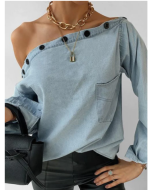 UR Casual Light Blue Button Neck Off Shoulder Long Sleeve Denim Shirt