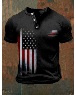 Men's Vintage Flag Print Casual Button Polo Shirt