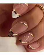 Transform Your Nails with 24pcs Long Almond French Leopard Golden Line Fake Nail & 1pc Nail File & 1sheet Tape