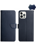 For iPhone 15 Pro HT02 Genuine Leather Anti-fingerprint Left/Right Opening Phone Leather Case (Blue)