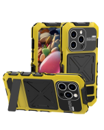 Metal+Silicone+Tempered Glass Life Waterproof Triple Defense Phone Case with Stand Yellow
