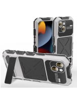 Metal+Silicone+Tempered Glass Life Waterproof Triple Defense Phone Case with Stand White