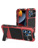 Metal+Silicone+Tempered Glass Life Waterproof Triple Defense Phone Case with Stand Red
