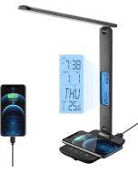 Wireless Charger Led Desk Lamp with USB Charging Port Clock Alarm Date Temperature for Home Office
