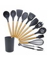 kn082 11 in 1 Wooden Handle Silicone Kitchen Tool Set with Storage Bucket(Black)