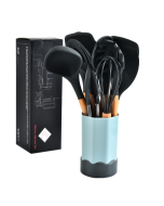 Beech silicone kitchenware set with storage bucket