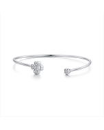 Sterling Silver S925 Plated White Gold Cubic Zirconia Four-Leaf Clover Open Bangle Jewelry
